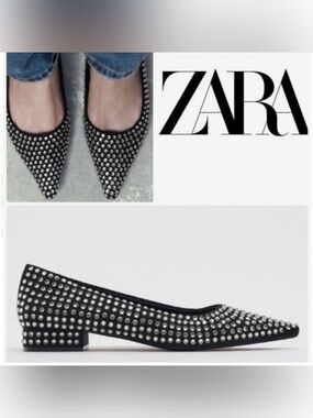 Zara Rhinestones Crystals Studded Black Pointy Ballet Flats Shoes Sz 38 NEW
